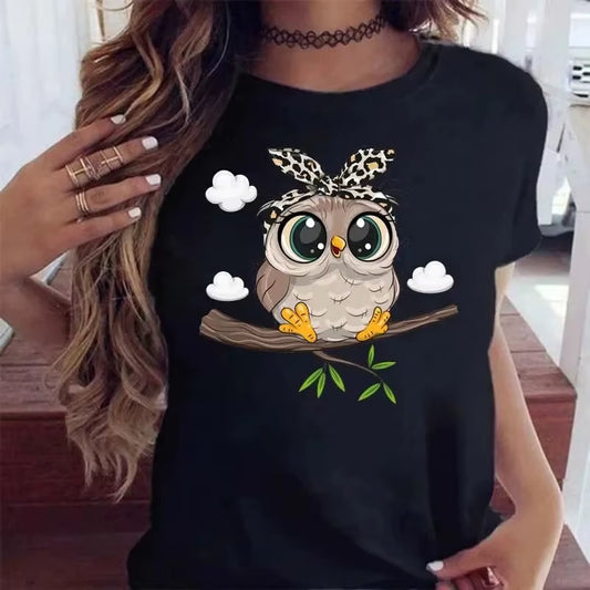 Cartoon Owl Print T Shirt Women Kawaii Graphic Shirts Casual Short Sleeved Black Female Tee O-Neck Harajuku T-Shirts