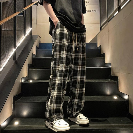 Unisex Oversized Black Plaid Elastic Waist Loose Pants