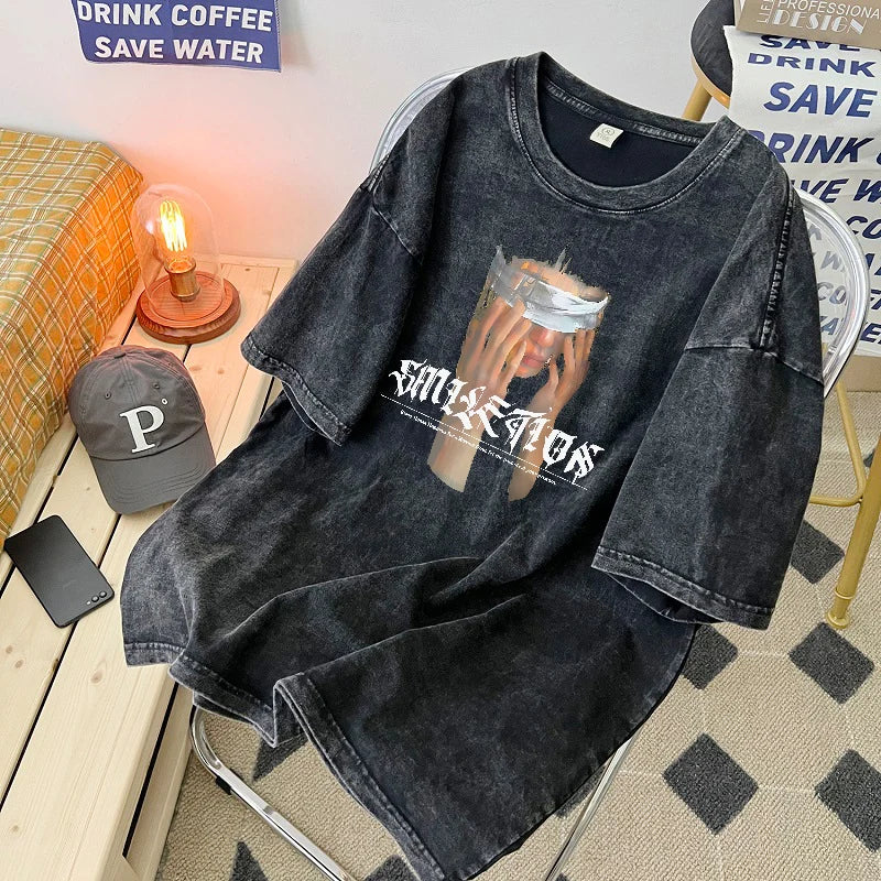 Camiseta de algodão estilo americano vintage.
