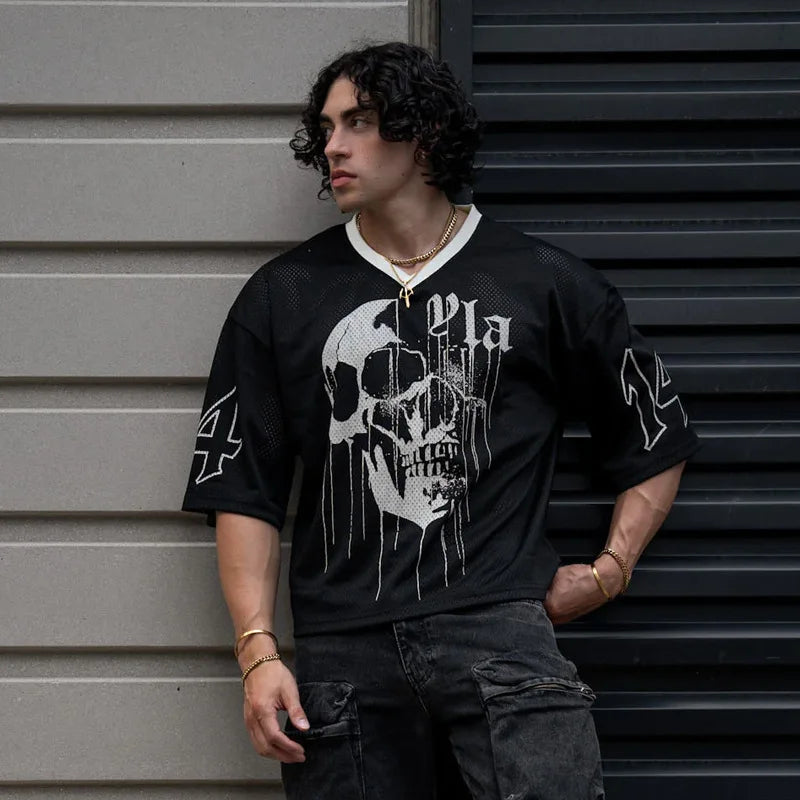 Men's Oversized T-shirt, YLA, Sports, Quick-drying, Breathable, Large Mesh, Printed, Short-sleeved T-shirt.