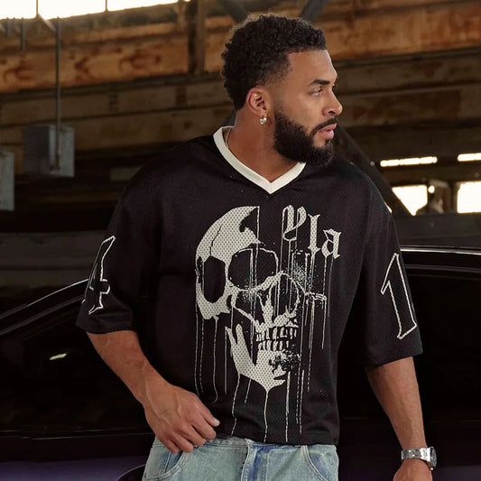 Men's Oversized T-shirt, YLA, Sports, Quick-drying, Breathable, Large Mesh, Printed, Short-sleeved T-shirt.