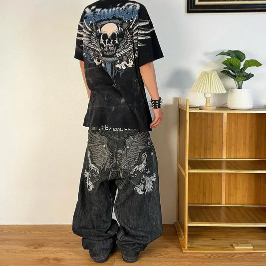 American Retro Hip-Hop Embroidery Print Baggy Pants Men Women Harajuku Gothic Wide Leg Trousers Streetwear