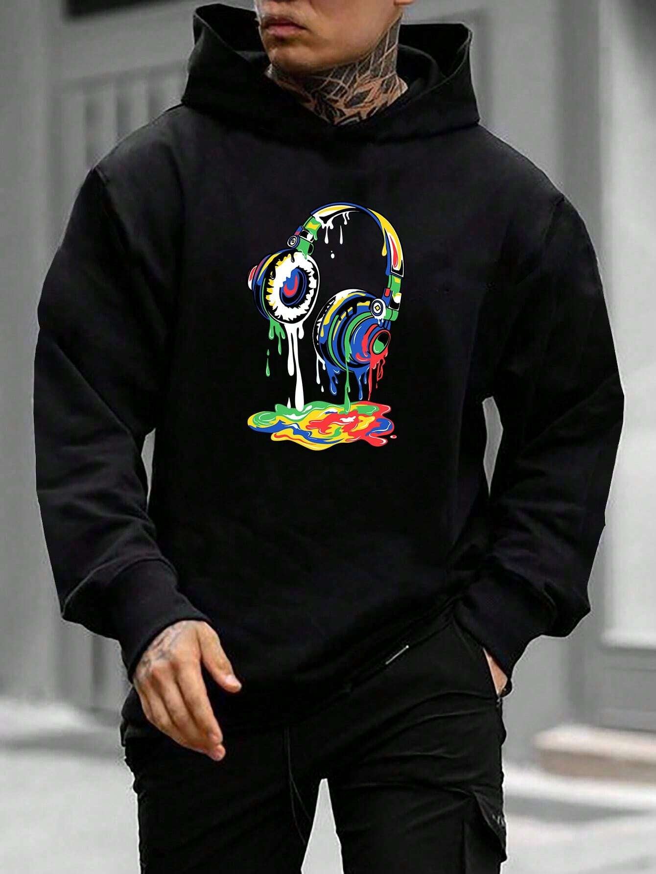 Manfinity VCAY Oversized Men'S Headphone Print Long Sleeve Casual Hoodie