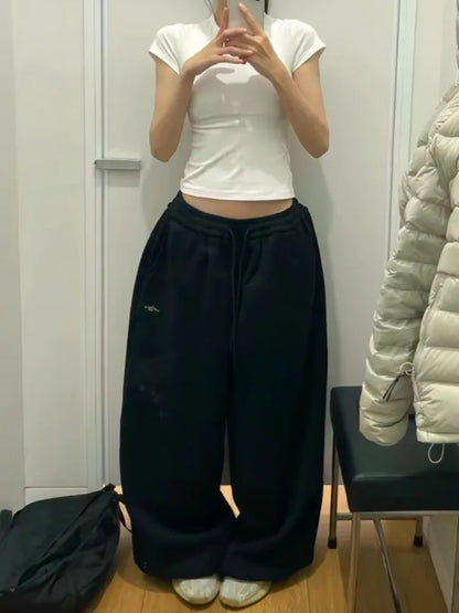 Pantalones deportivos holgados de cintura alta y gran tamaño con cordón para mujer