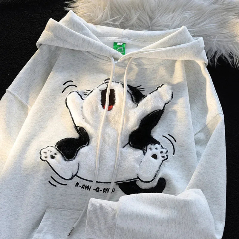 Moletom com capuz japonês vintage estudante de arte milk fufu para homens e mulheres design de nicho sensibilidade gato flocado jaqueta de rua