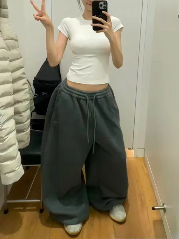 Pantalones deportivos holgados de cintura alta y gran tamaño con cordón para mujer