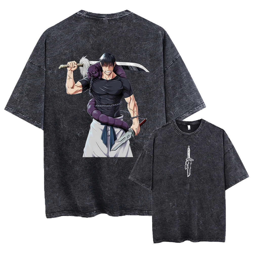 Camiseta estampada de Fushiguro Toji, ropa de Anime Jujutsu Kaisen para hombre y mujer, camisetas de manga corta de algodón lavado, camiseta Harajuku