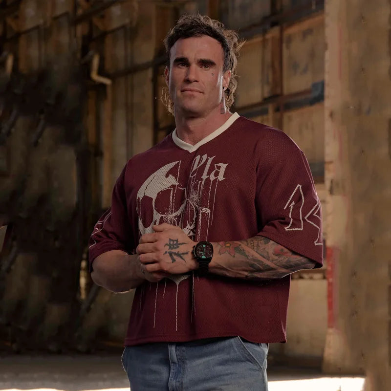 Men's Oversized T-shirt, YLA, Sports, Quick-drying, Breathable, Large Mesh, Printed, Short-sleeved T-shirt.