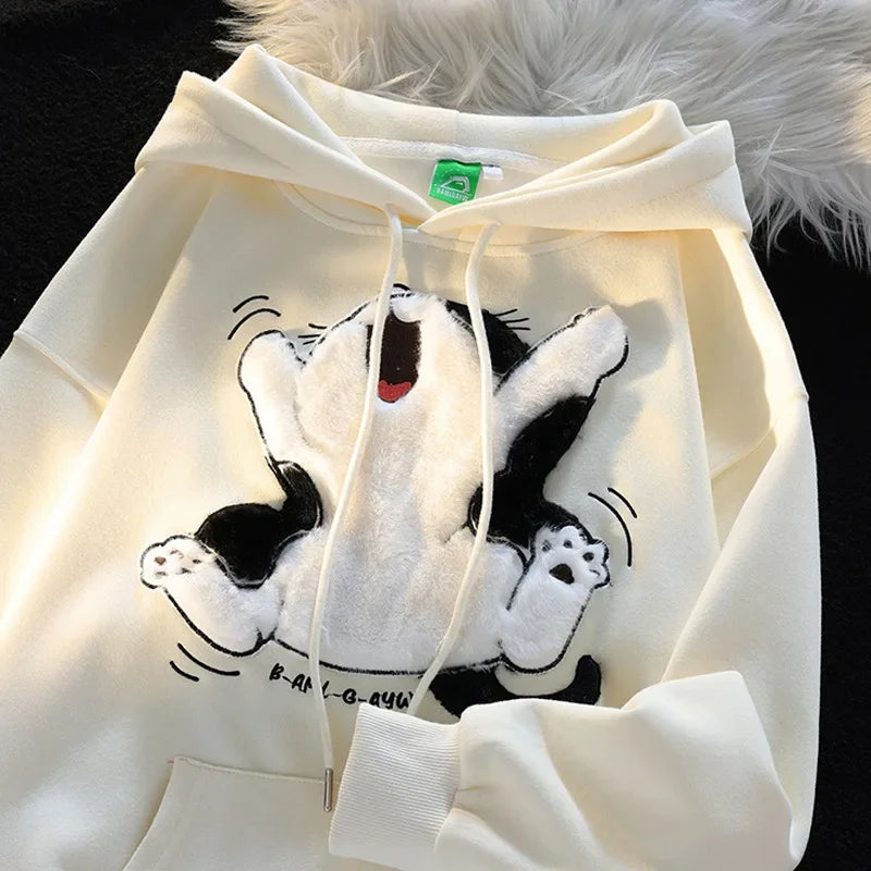 Moletom com capuz japonês vintage estudante de arte milk fufu para homens e mulheres design de nicho sensibilidade gato flocado jaqueta de rua