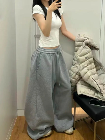 Pantalones deportivos holgados de cintura alta y gran tamaño con cordón para mujer