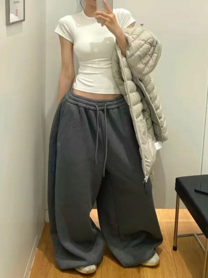 Pantalones deportivos holgados de cintura alta y gran tamaño con cordón para mujer