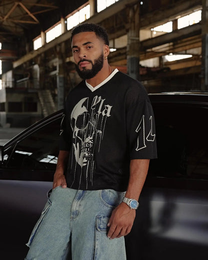 Men's Oversized T-shirt, YLA, Sports, Quick-drying, Breathable, Large Mesh, Printed, Short-sleeved T-shirt.